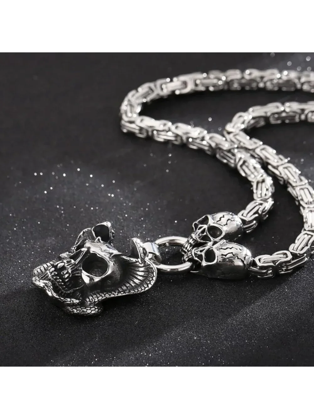 Gothic Skull Snake Pendant Necklace for Men & Women - Stainless Steel Cuban Link